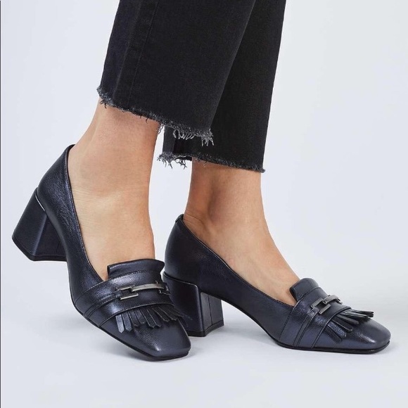 block heel fringe loafers